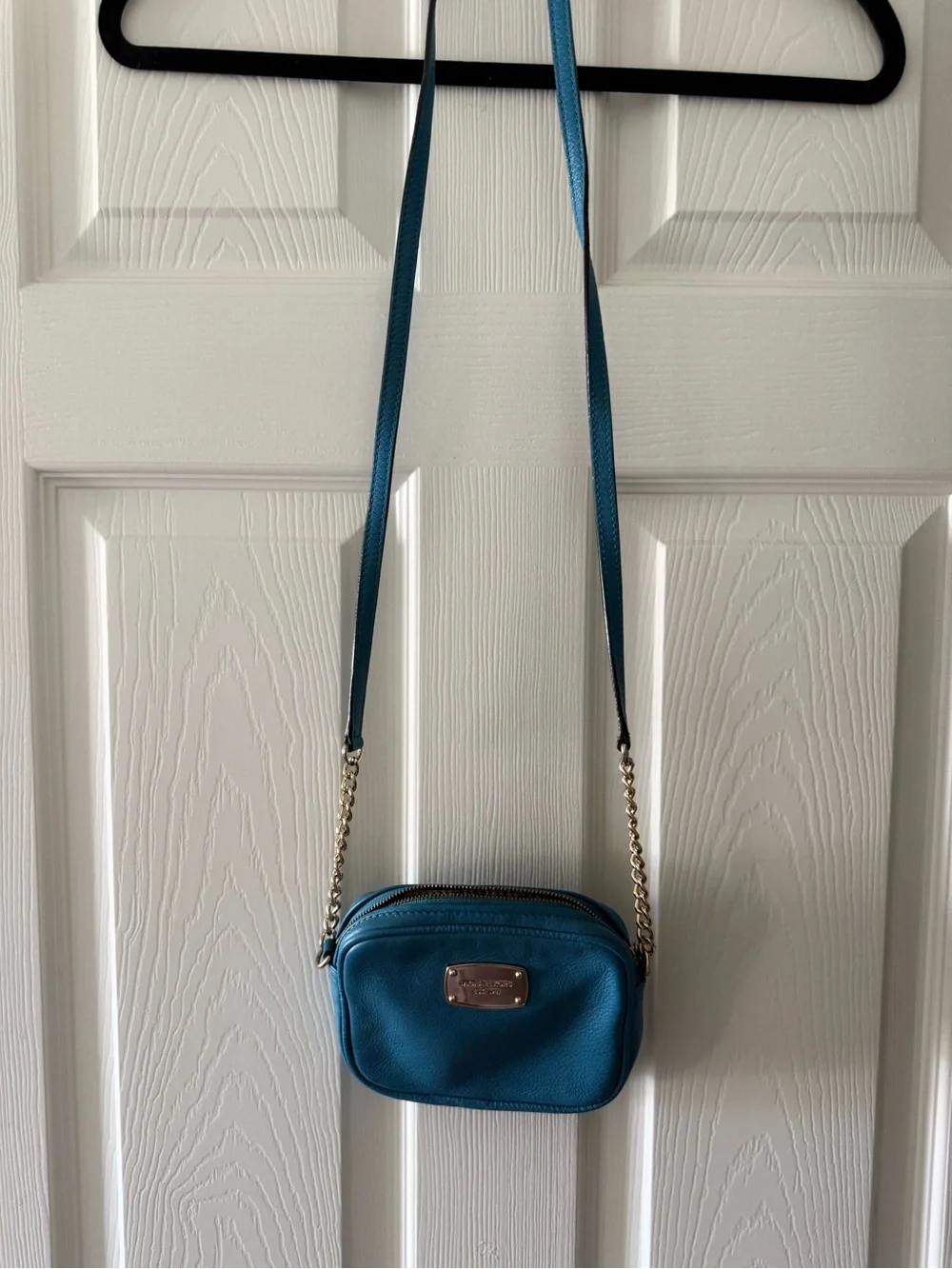Michael Kors Blue Leather Crossbody with Gold-Tone Chain